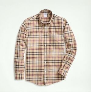 Brooks Brothers Regent Shirt Mens Beige Plaid Button Up Work Supima Medium